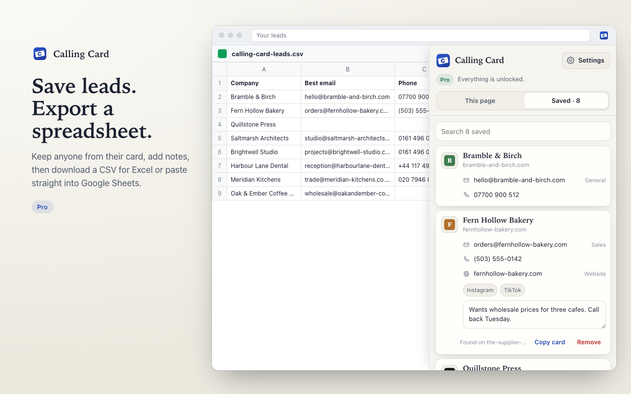 Saved leads in the side panel beside an exported spreadsheet
