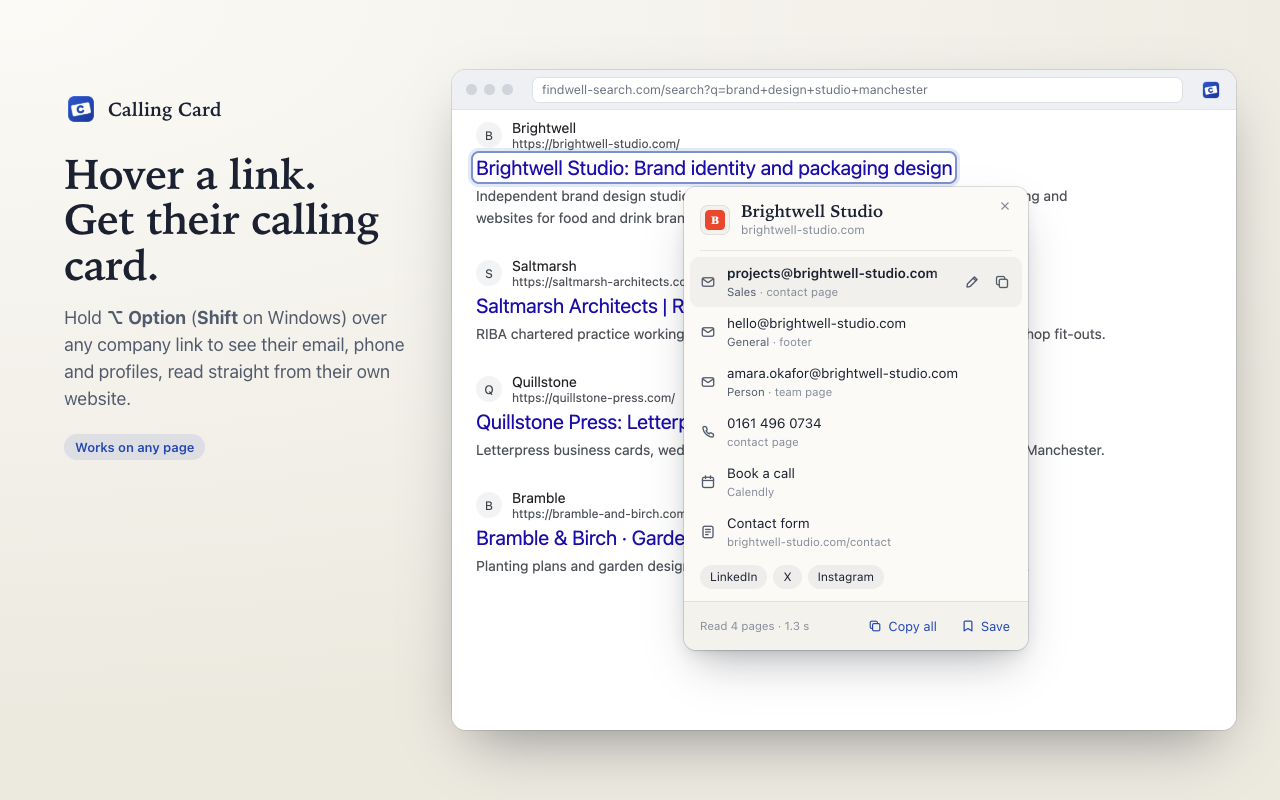 A Calling Card open over a search result, showing the studio's email addresses, phone number, booking link and profiles
