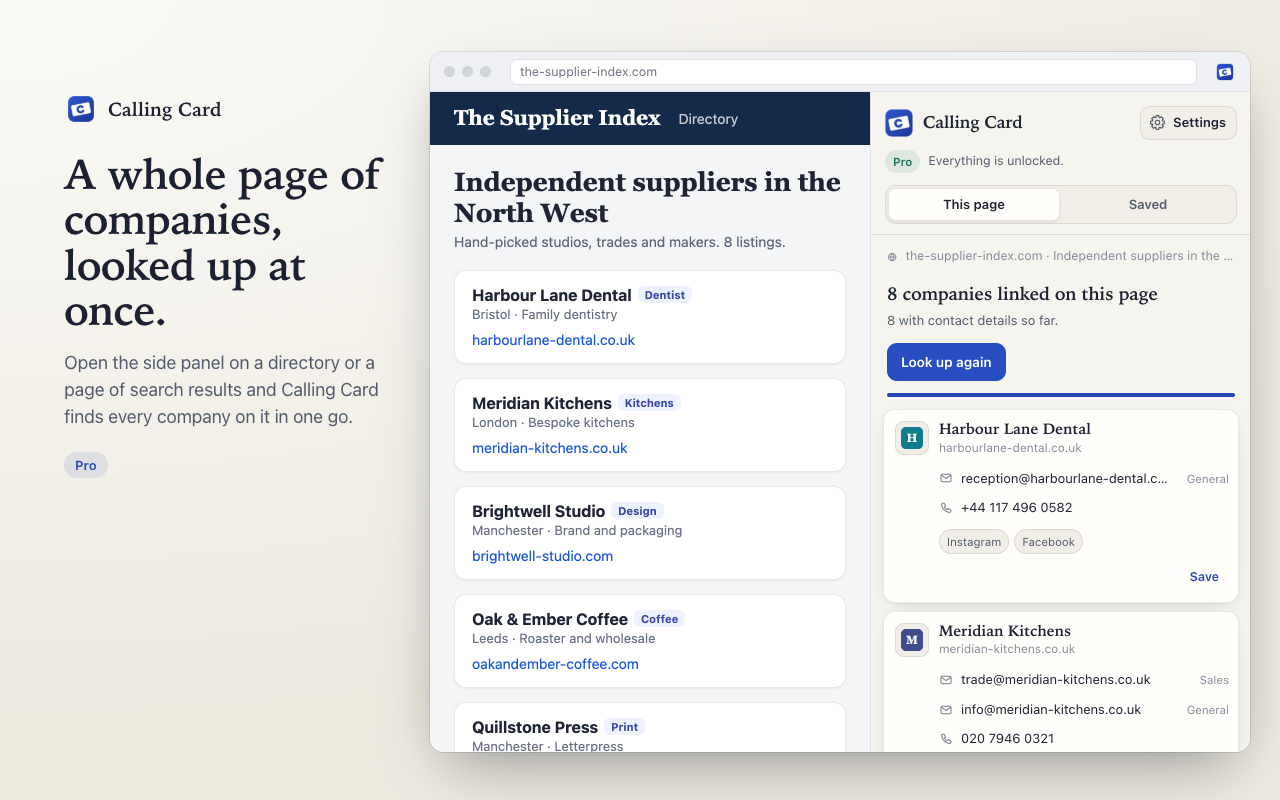 The side panel listing every company on a directory page with their email and phone